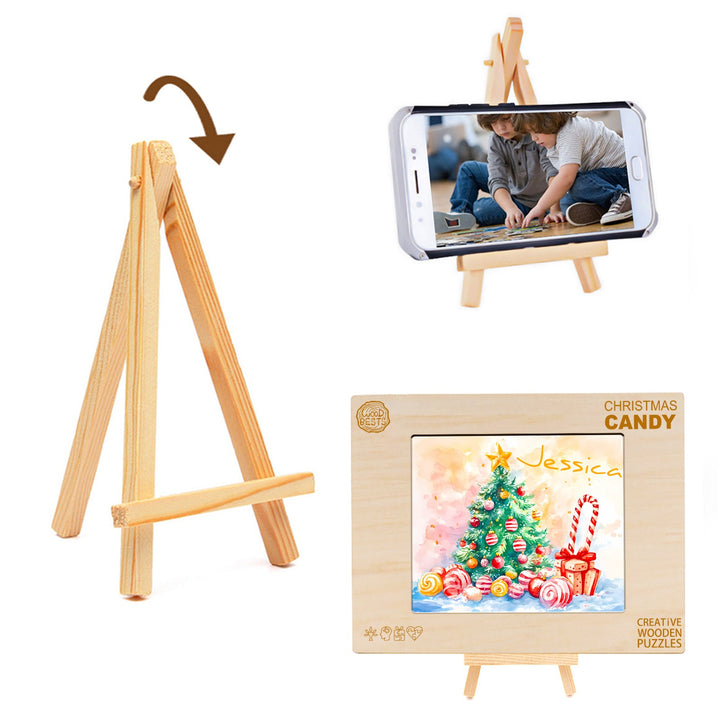 Wooden easel with phone displaying puzzle; personalized Christmas puzzle for kids, colorful holiday design.
