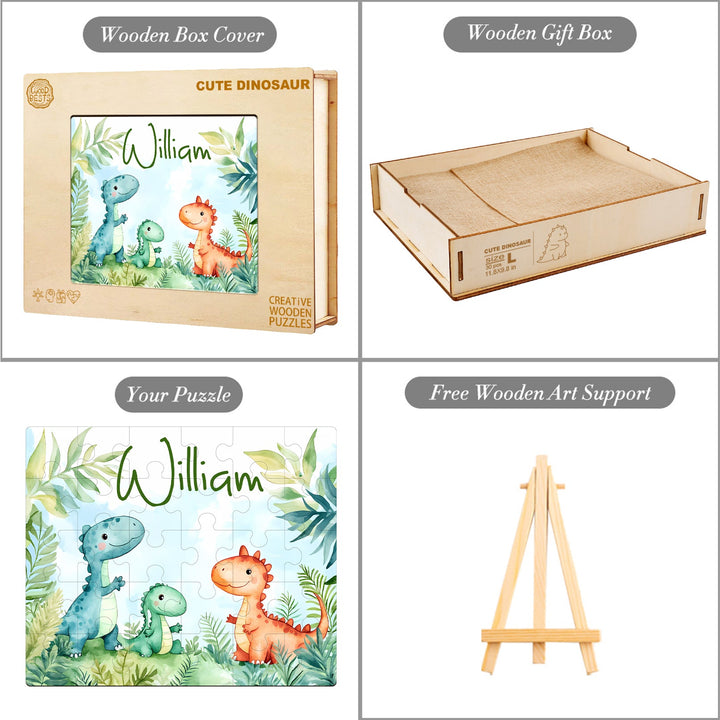 Custom wooden jigsaw puzzle with dinosaur theme and name William, featuring a wooden gift box and art support.