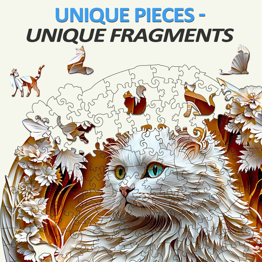 3D Cat-2 wooden jigsaw puzzle featuring unique cat design and floral elements, perfect for mind games and focus.