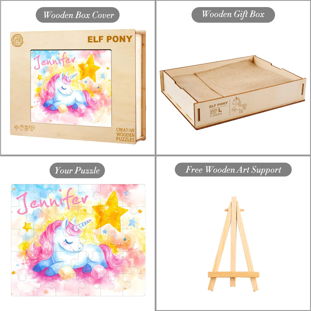 Sleeping Unicorn custom wooden jigsaw puzzle set with personalized name, wooden box cover, and easel support.