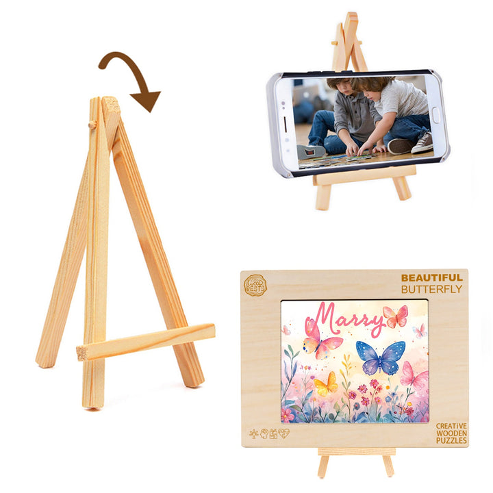 Wooden easel displaying a phone and a personalized butterfly jigsaw puzzle for kids.