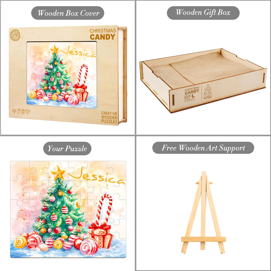 Custom Christmas puzzle featuring colorful tree and candy canes, with wooden gift box and easel support.