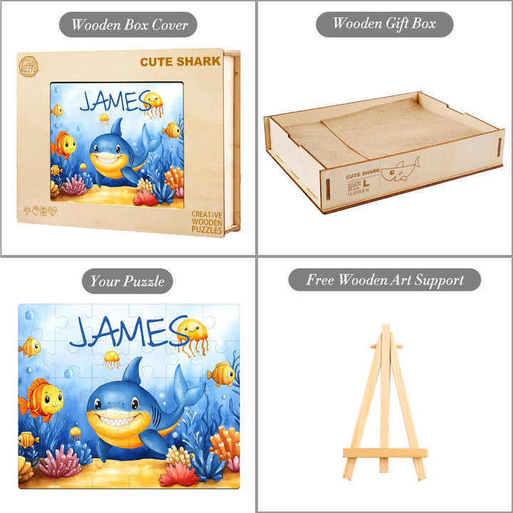 Ocean Friends custom name puzzle with shark, colorful sea creatures, wooden box and easel for kids.