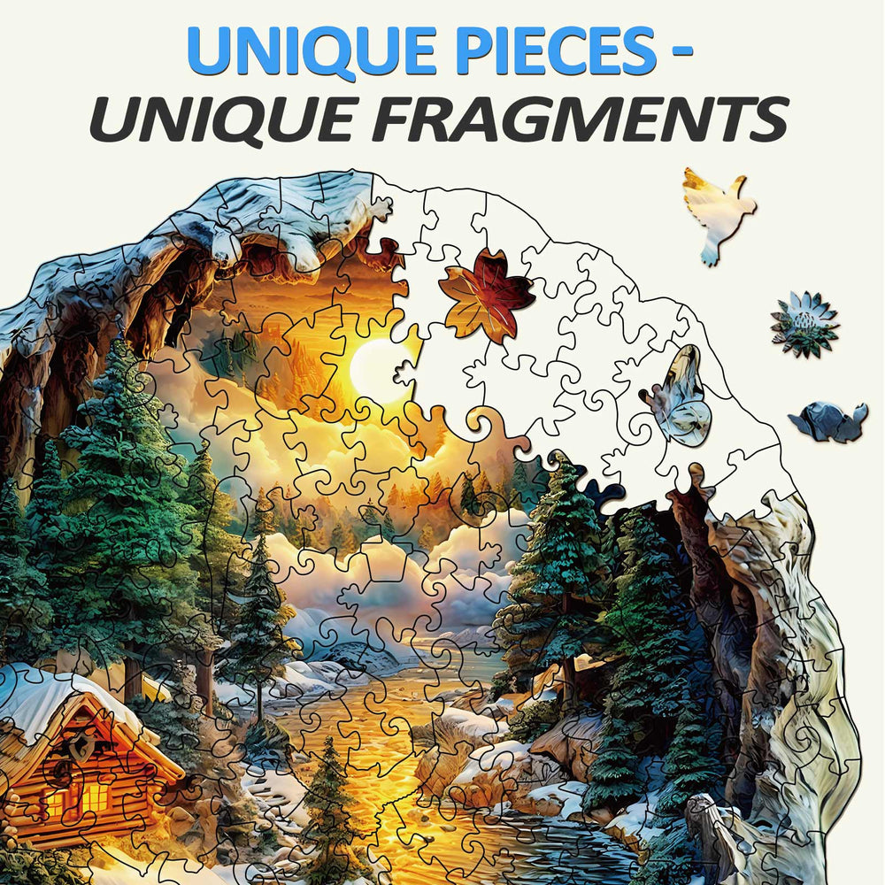 3D Winter Scene Wooden Jigsaw Puzzle showcasing unique pieces and vibrant colors in a serene landscape.