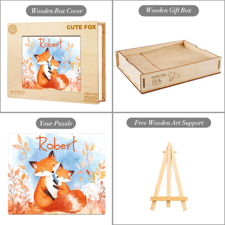 Custom wooden jigsaw puzzle featuring fox family and personalized name Robert in vibrant autumn colors.