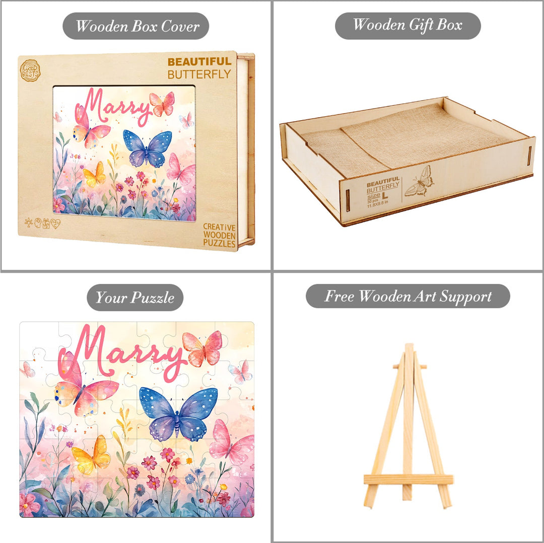 Personalized Butterfly in Flowers wooden jigsaw puzzle in gift box, includes free wooden art support.