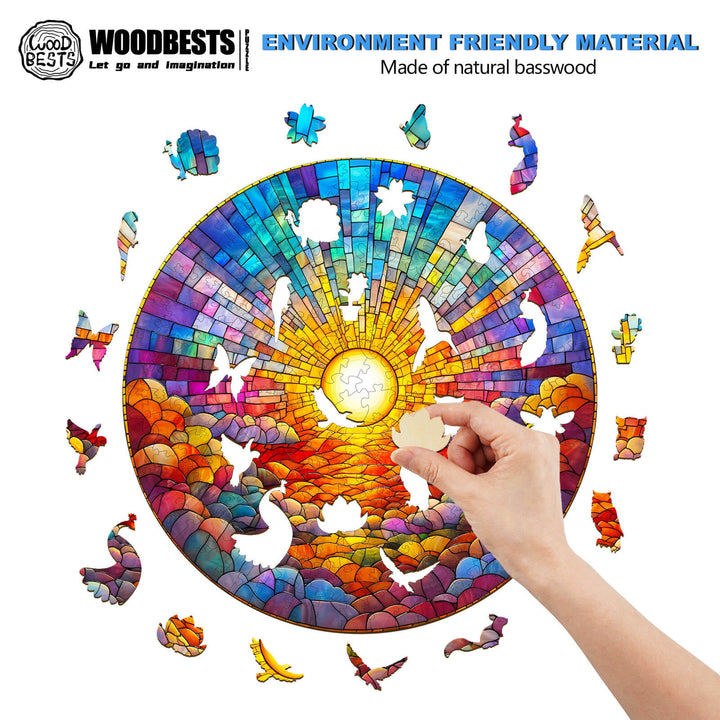 Hand placing a piece in the Stained Glass Rainbow Wooden Jigsaw Puzzle, made from natural basswood.