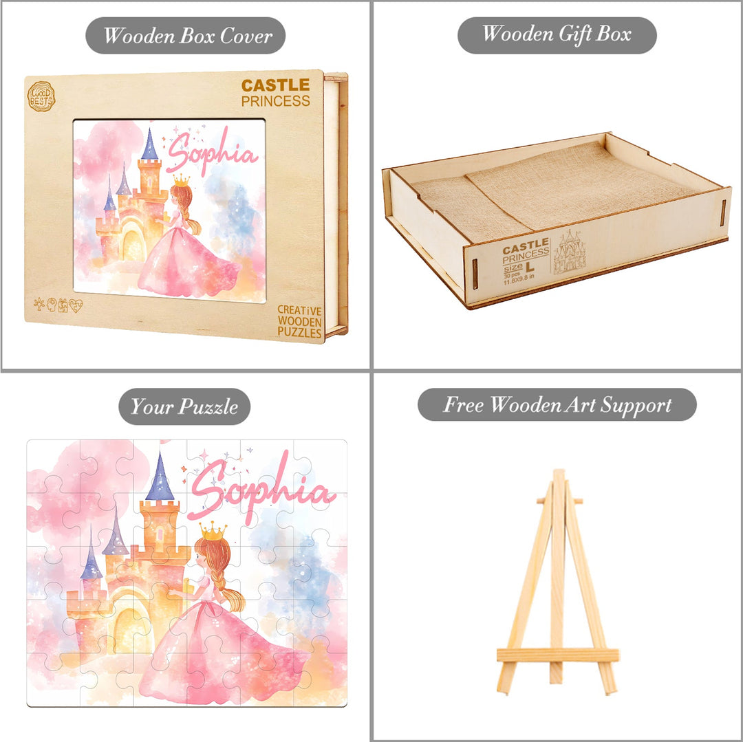 Custom wooden jigsaw puzzle with princess design, personalized for Sophia, includes gift box and art support.