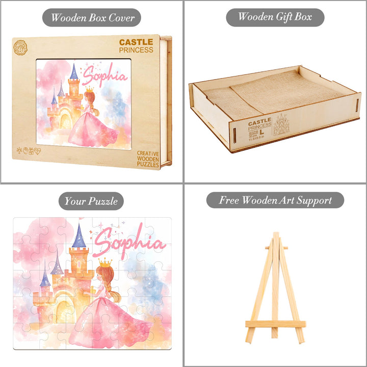 Custom wooden jigsaw puzzle with princess design, personalized for Sophia, includes gift box and art support.