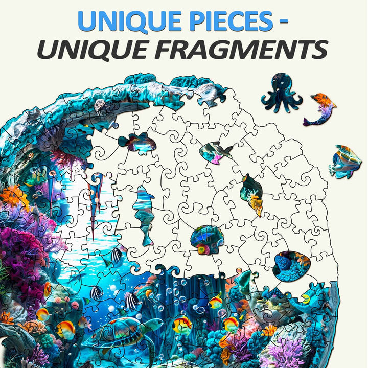 3D seabed wooden jigsaw puzzle showcasing unique and colorful underwater life pieces.