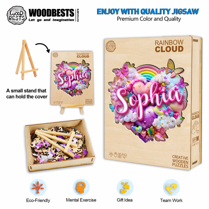 Rainbow Cloud Custom Name Wooden Jigsaw Puzzle with vibrant colors and child's name, eco-friendly and durable for personalized play.