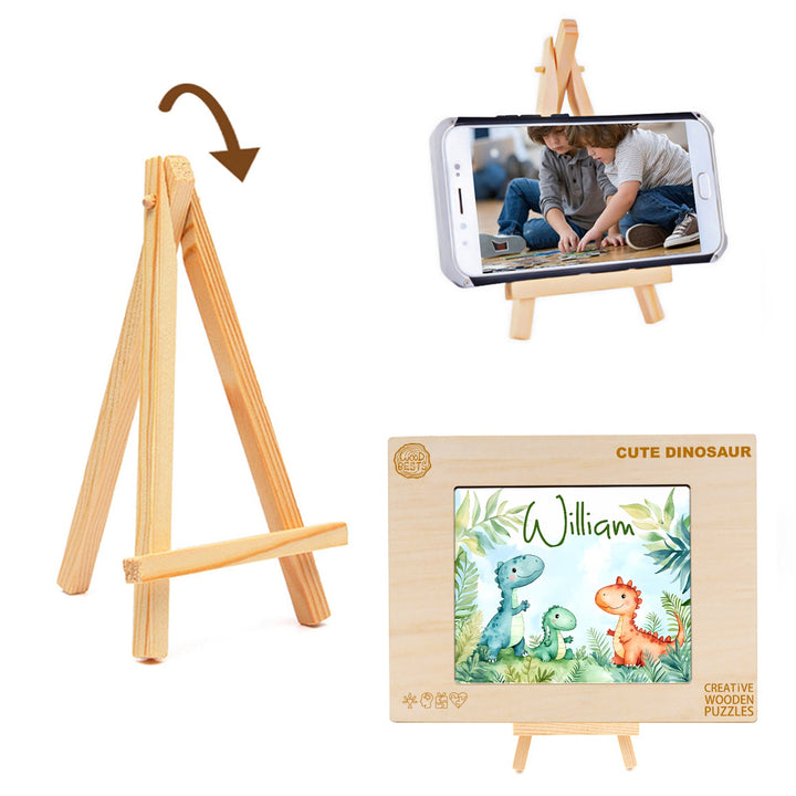 Wooden easel displaying a children's dinosaur puzzle design personalized with the name William.