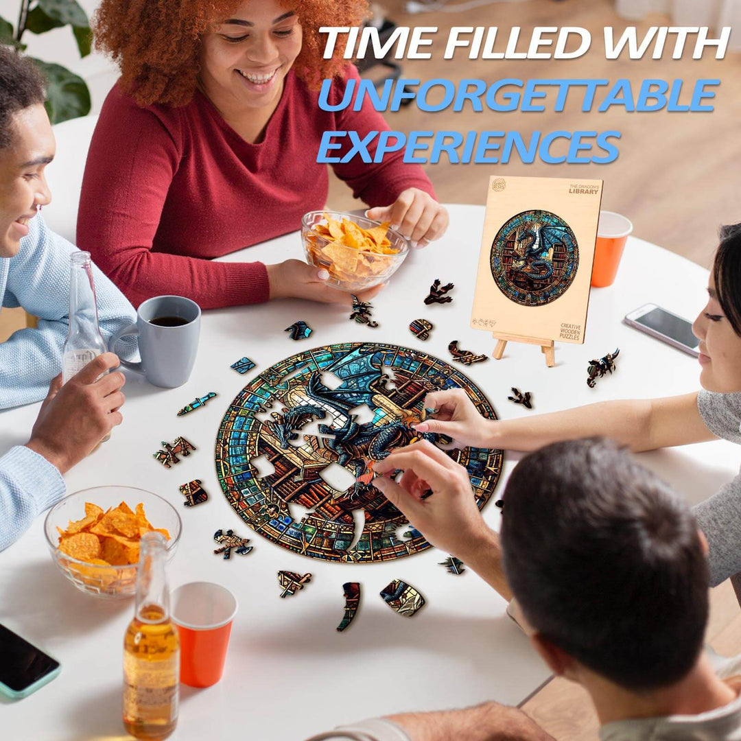 Group of friends enjoying The Dragon's Library wooden jigsaw puzzle while snacking and bonding together.