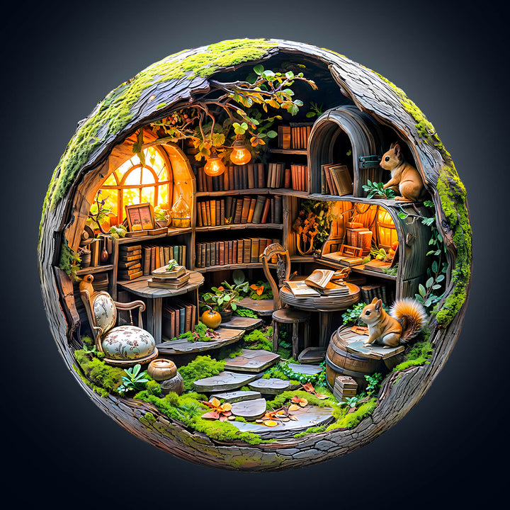 Moosbewachsene Bibliothek 3D-Holzpuzzle