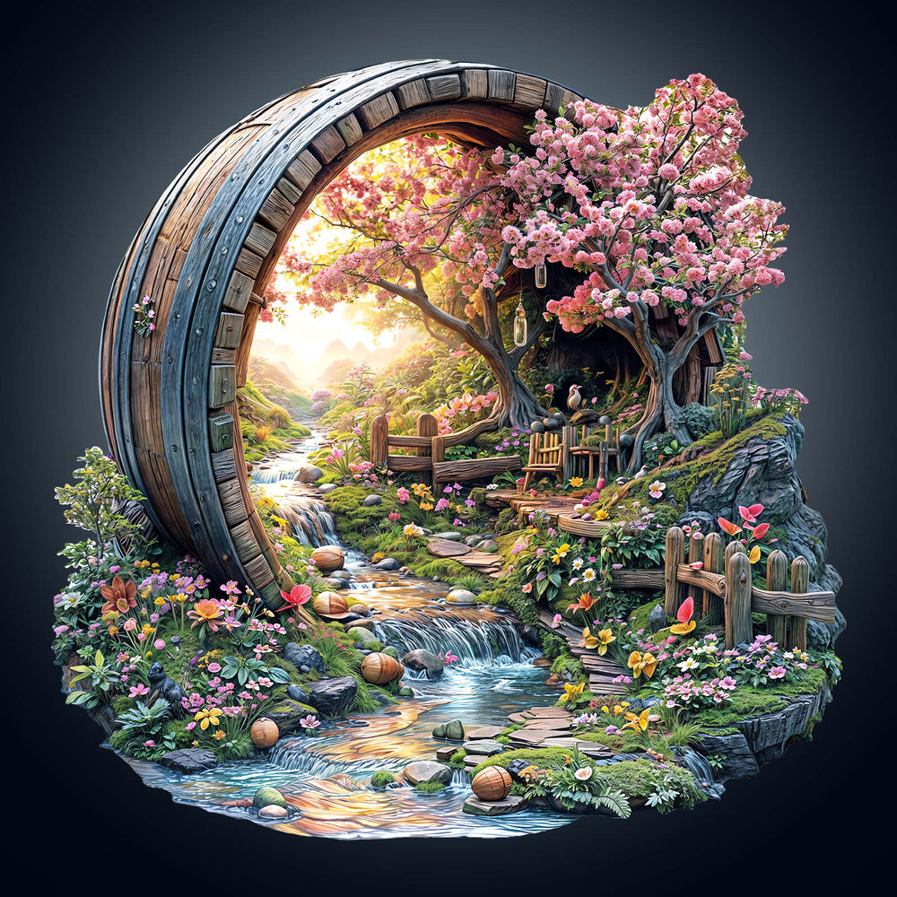 Colorful Barrel of Spring wooden jigsaw puzzle with vibrant flowers and a stream, ideal for enhancing focus and problem-solving skills.