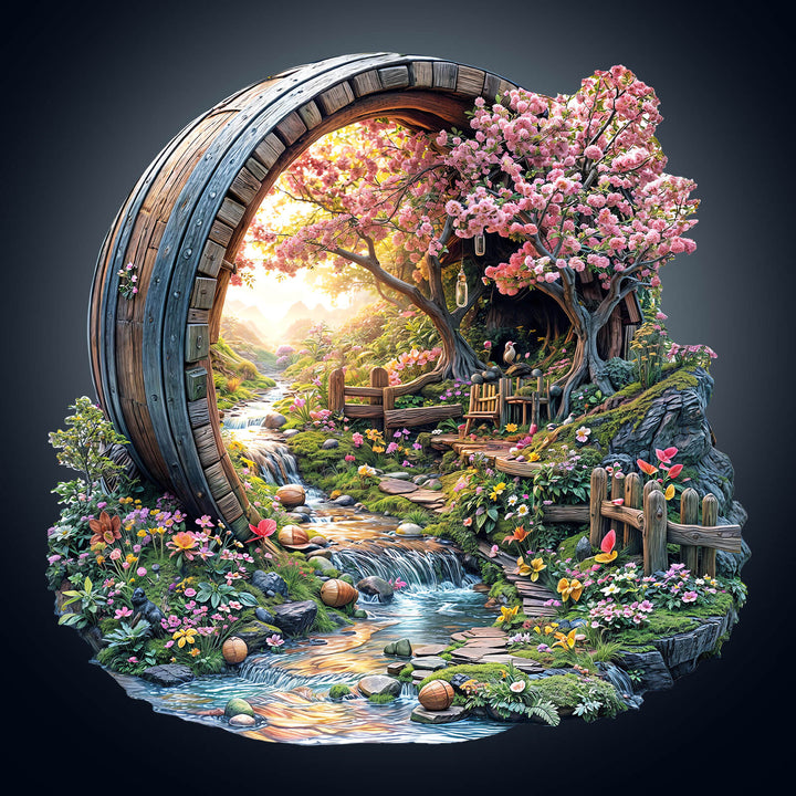 Colorful Barrel of Spring wooden jigsaw puzzle with vibrant flowers and a stream, ideal for enhancing focus and problem-solving skills.