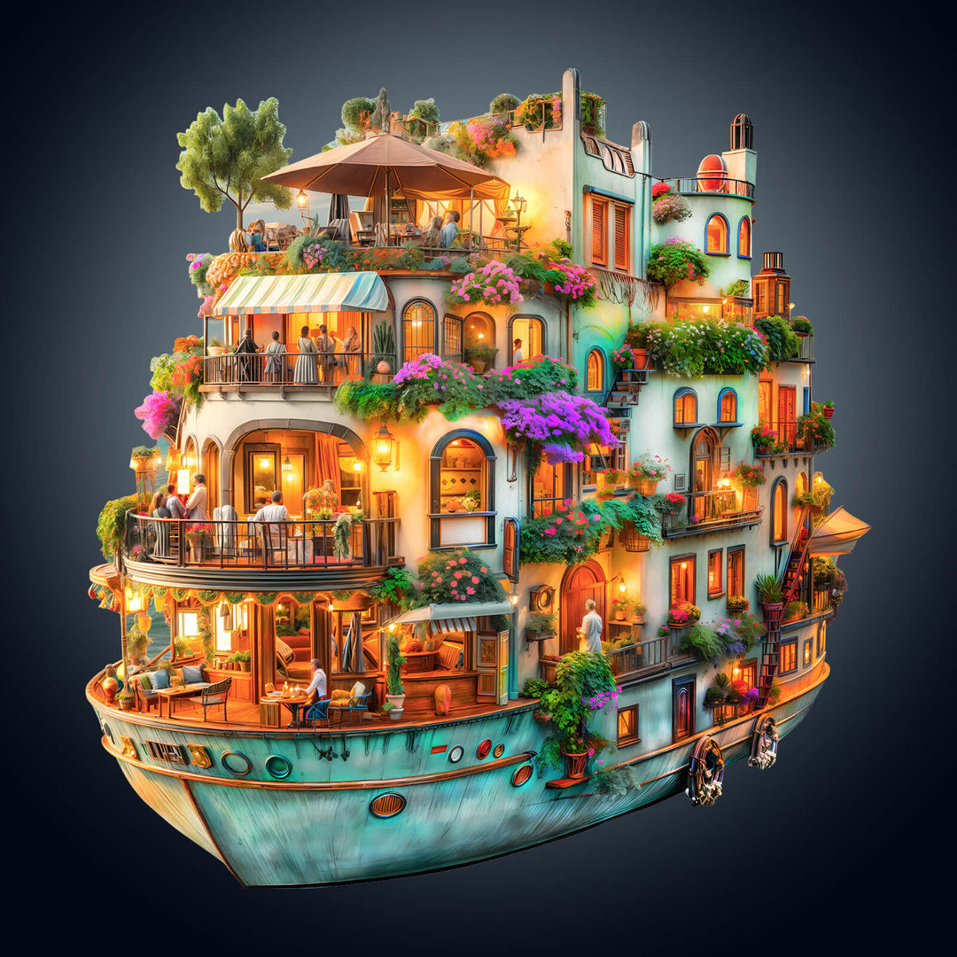 Colorful voyage garden puzzle design showcasing a whimsical boat house filled with lights and greenery, perfect for creative minds.