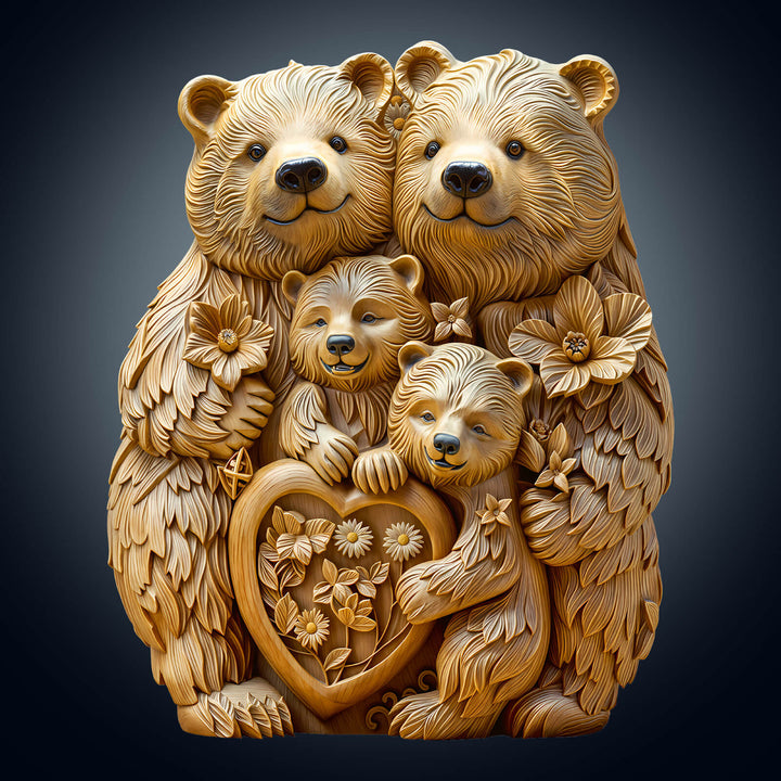 Intricately carved wooden puzzle of a bear family, perfect for mind games and jigsaw puzzle enthusiasts.