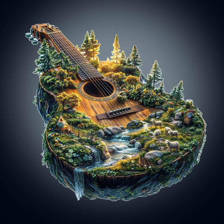Wooden forest guitar jigsaw puzzle featuring lush trees, flowing water, and serene wildlife, perfect for mind games and puzzle lovers.