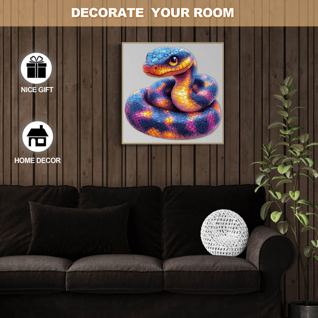 Colorful snake art hanging in cozy living room, perfect for home decor and a thoughtful gift.