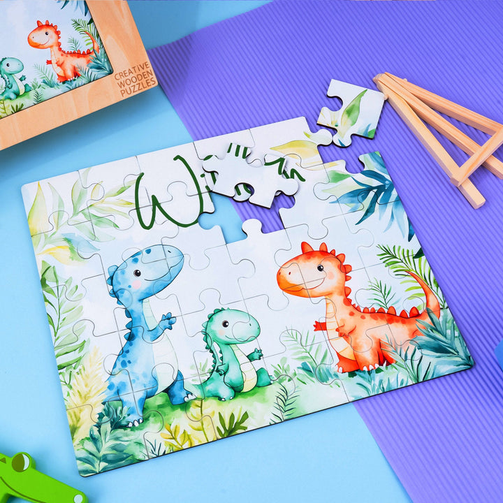 Custom wooden jigsaw puzzle featuring friendly dinosaurs and a child's name, perfect for enhancing problem-solving skills.