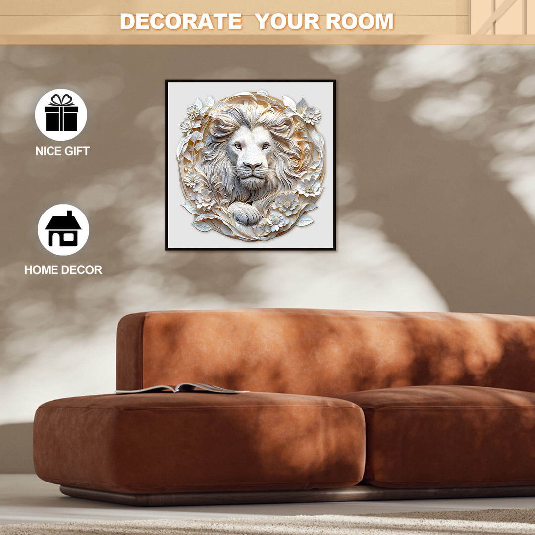 3D paper lion wooden jigsaw puzzle displayed as modern home decor with plush sofa.