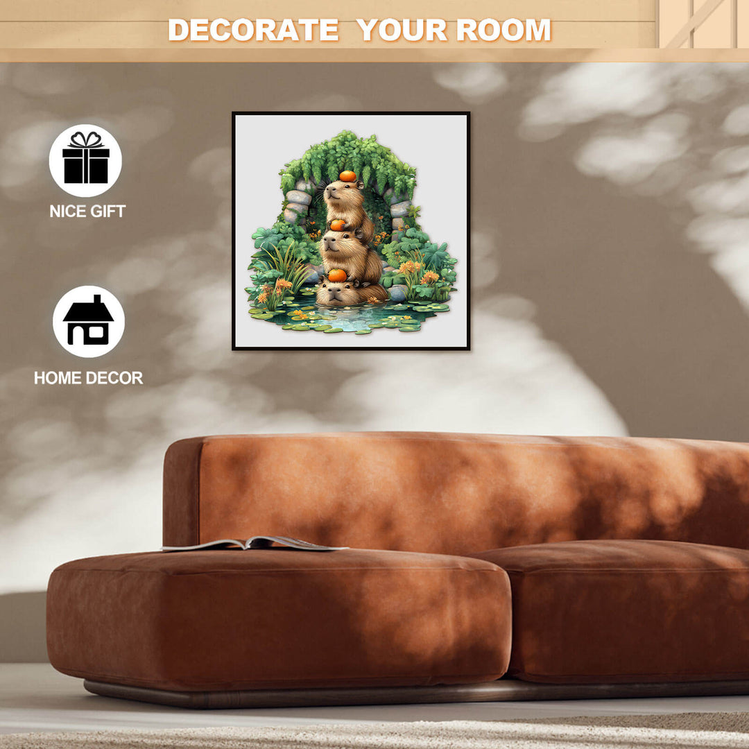 Capybara wooden jigsaw puzzle displayed in a cozy living room setting, perfect for home decor and unique gifts.