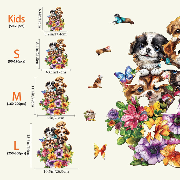 Cute Dogs Wooden Jigsaw Puzzle size chart showing dimensions for Kids, S, M, and L puzzles with colorful flower designs.