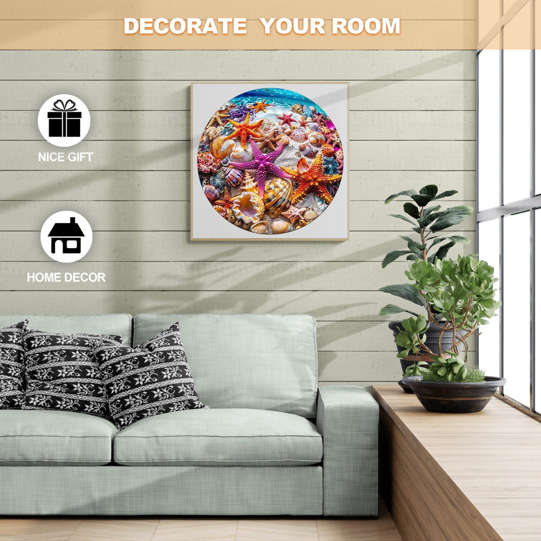 Colorful starfish and seashell wall art in a cozy living room setting, enhancing home decor and perfect as a gift.