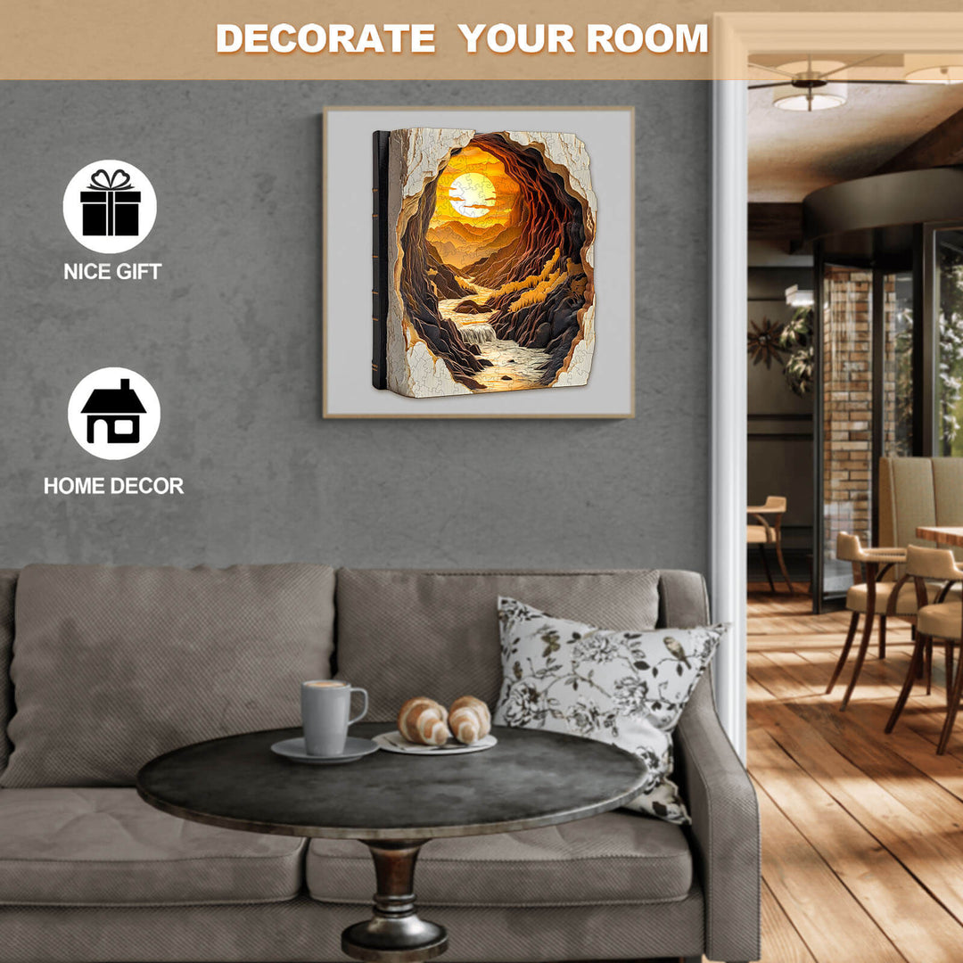 3D Sunset in a Book Wooden Jigsaw Puzzle displayed in a cozy living room, perfect for home decor and as a unique gift.