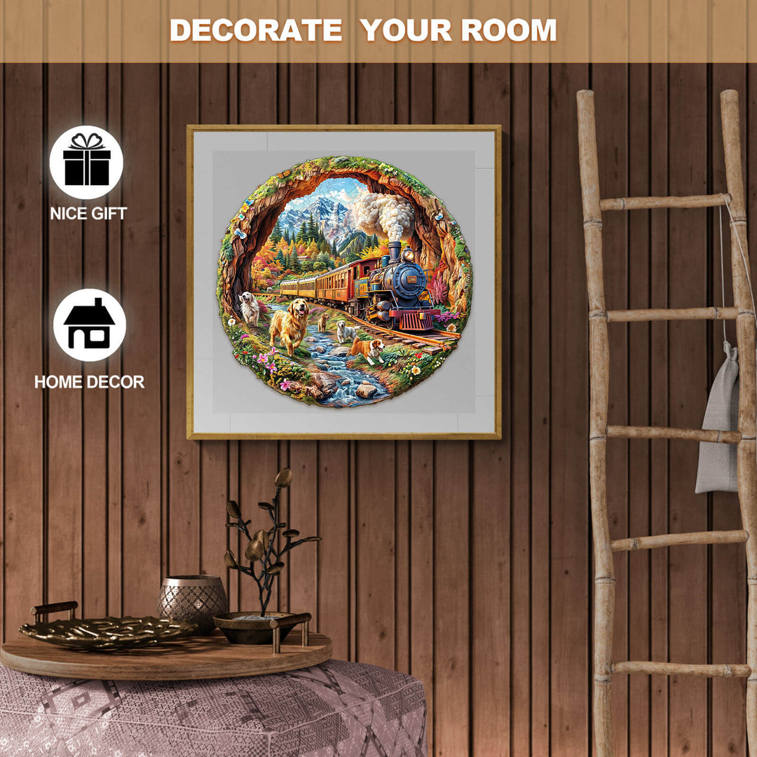 Colorful 3D Racing the Train-1 wooden jigsaw puzzle displayed as home decor in a cozy room setting.