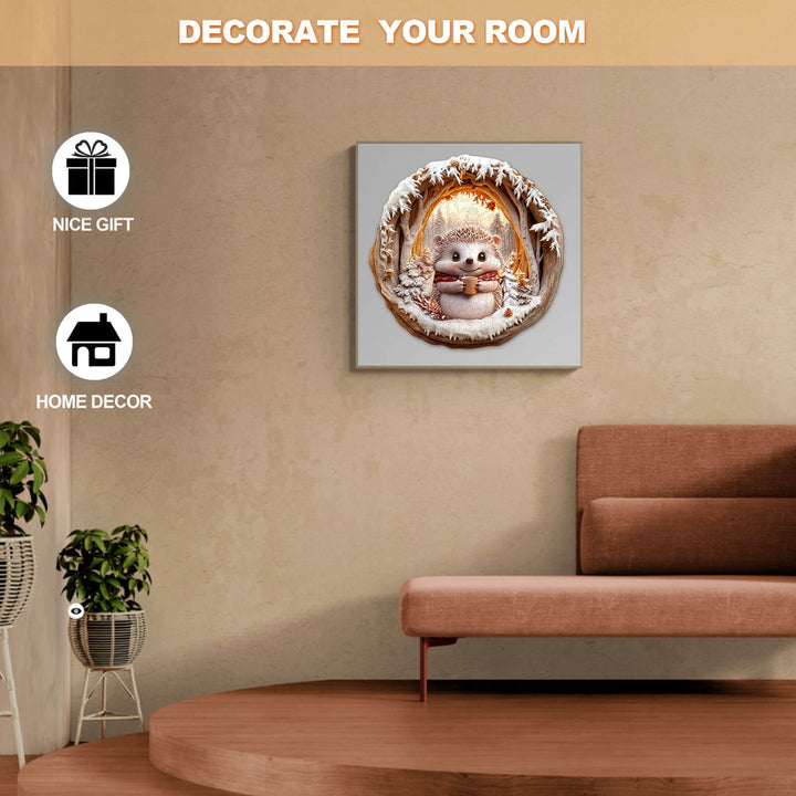 3D Cave Hedgehog wooden jigsaw puzzle displayed in a modern living room for home decor and gifting.
