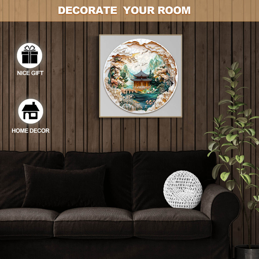 3D Chinese Landscape Painting jigsaw puzzle as wall art in a cozy living room, perfect for home decor and gifts.