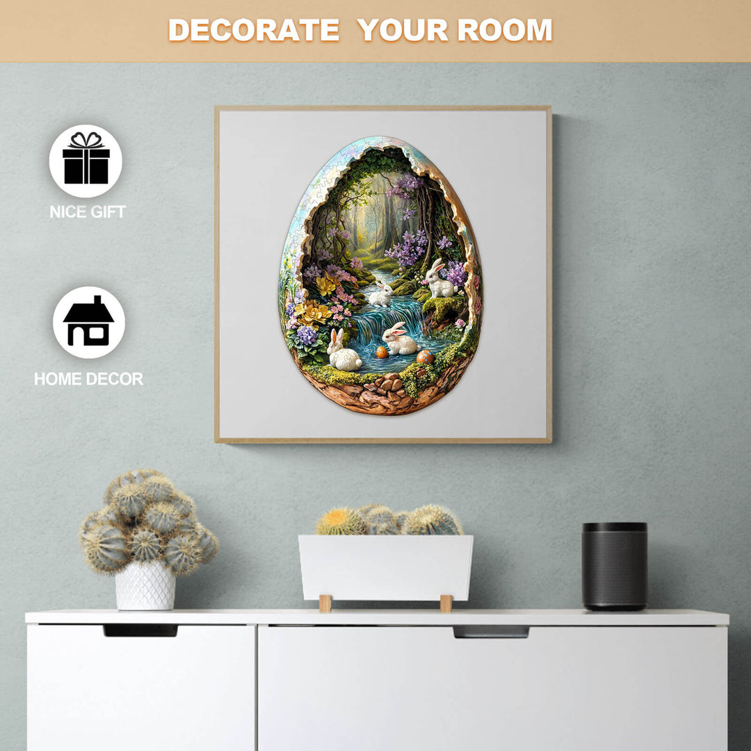 Wonderland Easter-3 wooden jigsaw puzzle displayed as home decor, featuring a serene pond scene, perfect for gifts.