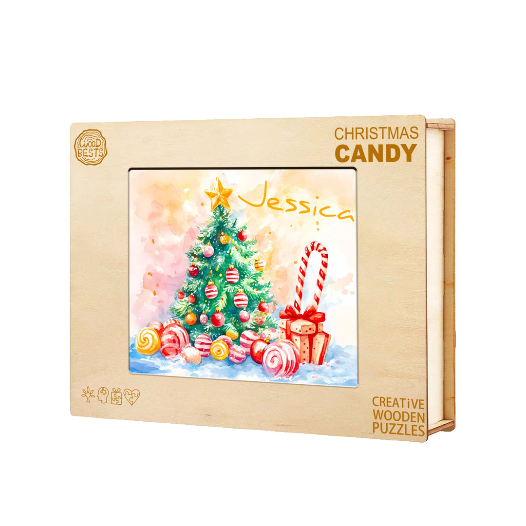 Custom wooden jigsaw puzzle with a Christmas tree, candy canes, and the name 'Jessica'.