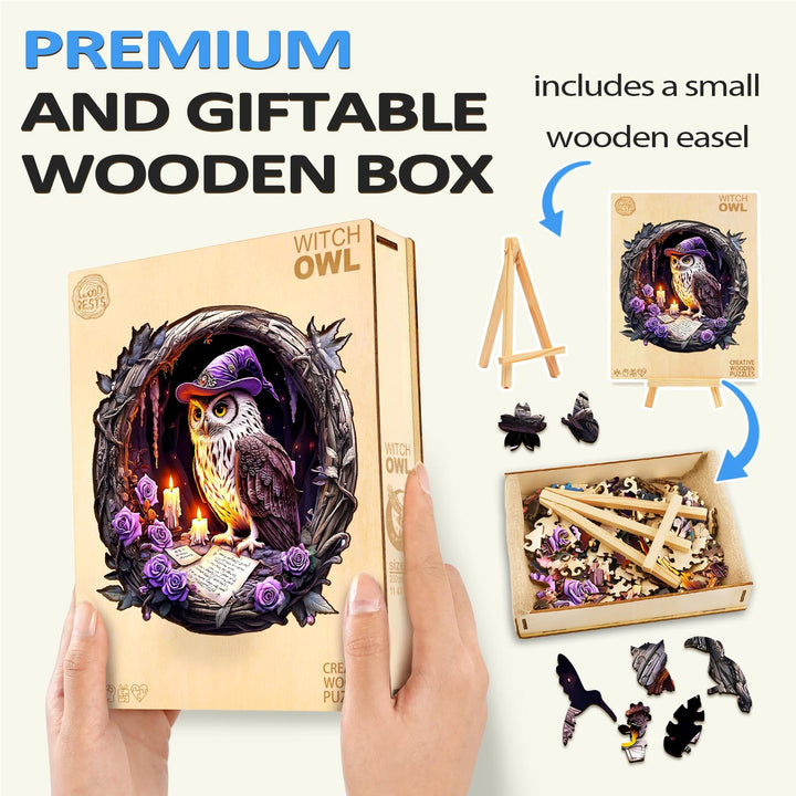 3D Witch Owl wooden jigsaw puzzle in a premium gift box with small easel, perfect for puzzle lovers and mind games.