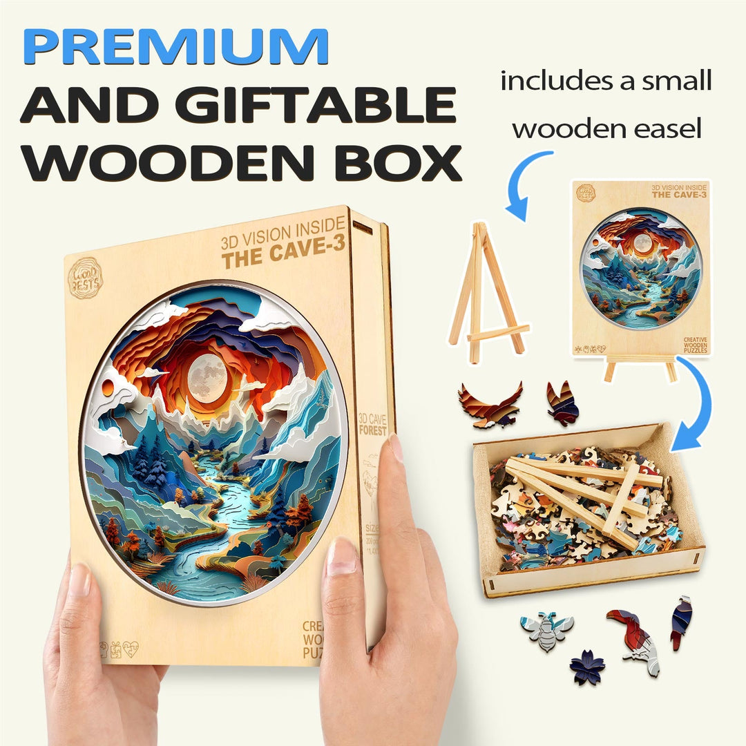 3D vision inside the cave-3 wooden jigsaw puzzle in a premium gift box with easel and colorful pieces.