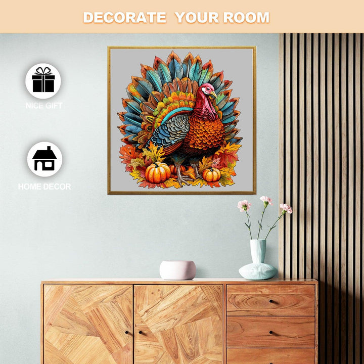 Colorful wooden turkey jigsaw puzzle displayed as home decor on a stylish cabinet, ideal for gifts and room decoration.