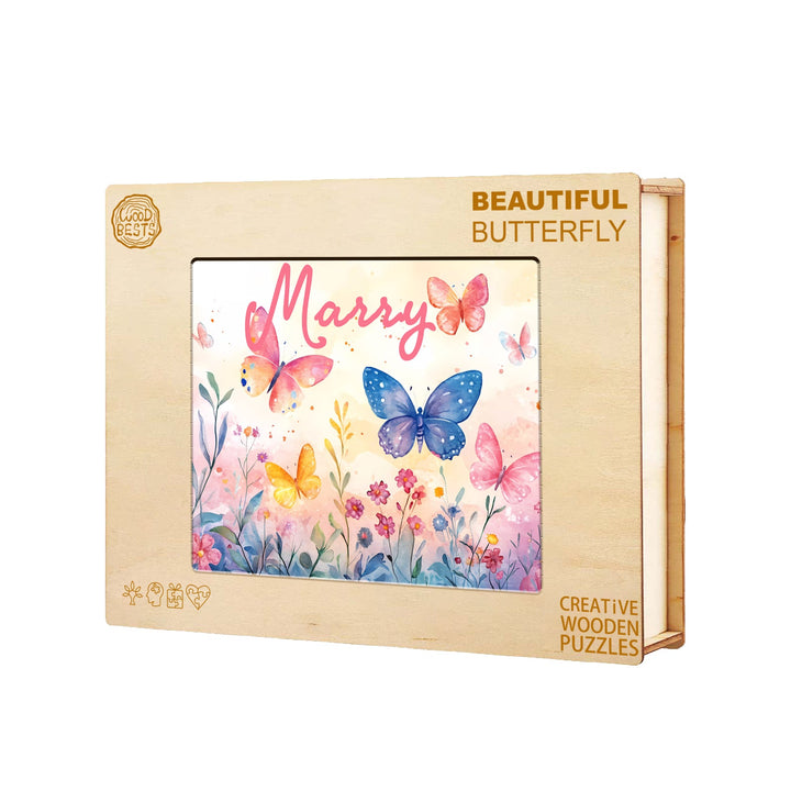 Custom wooden jigsaw puzzle featuring colorful butterflies and flowers, personalized with the name Marry.