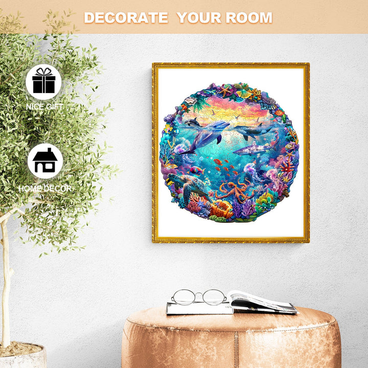 Colorful Sea World artwork displayed in a gold frame, perfect for home decor and as a thoughtful gift.
