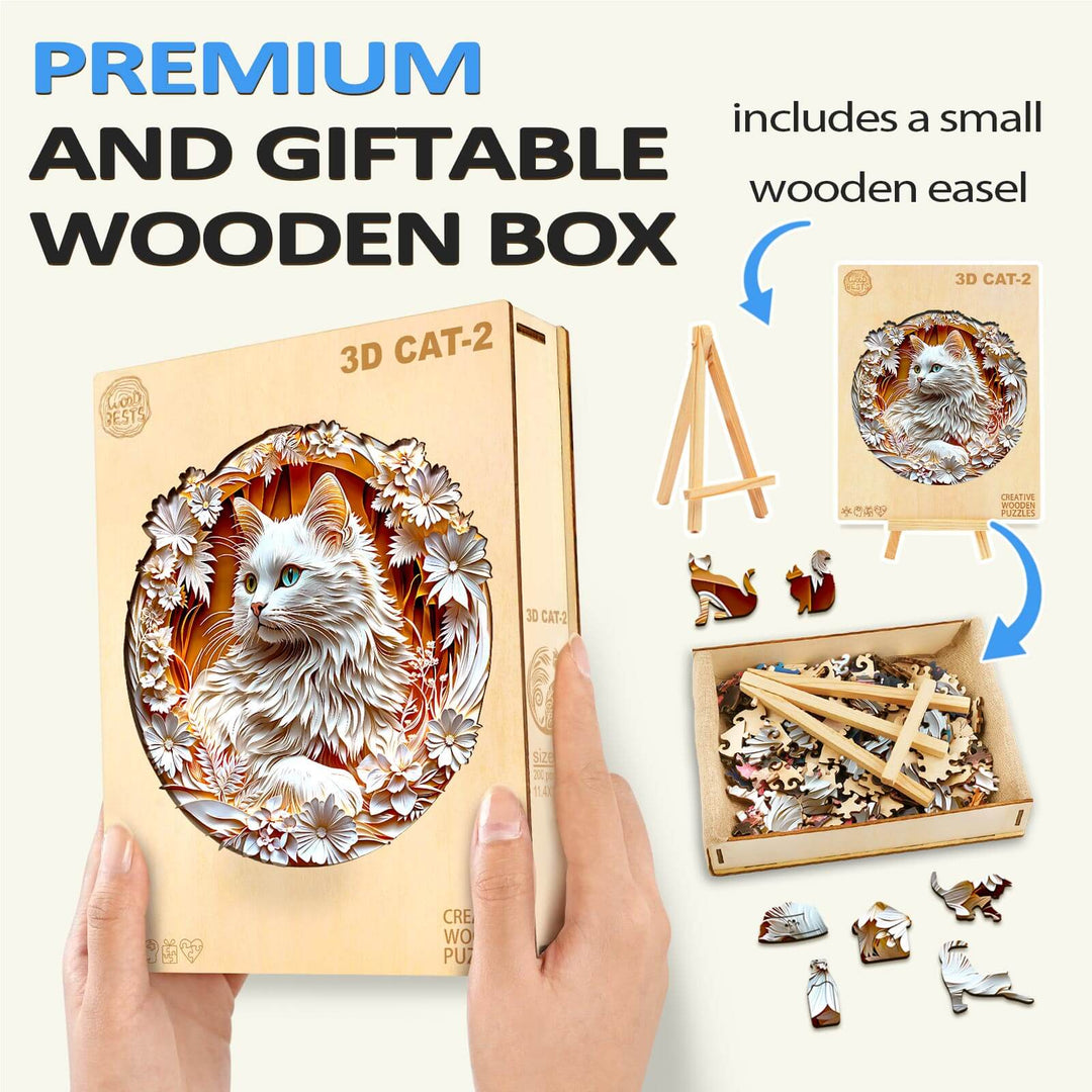 3D Cat-2 wooden jigsaw puzzle in a premium box with a wooden easel, perfect for gifting and enhancing focus.