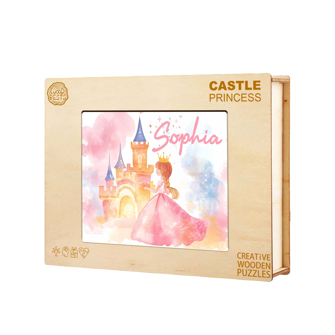 Fairy Tale Princess wooden puzzle featuring the name Sophia, set against a pastel castle background.