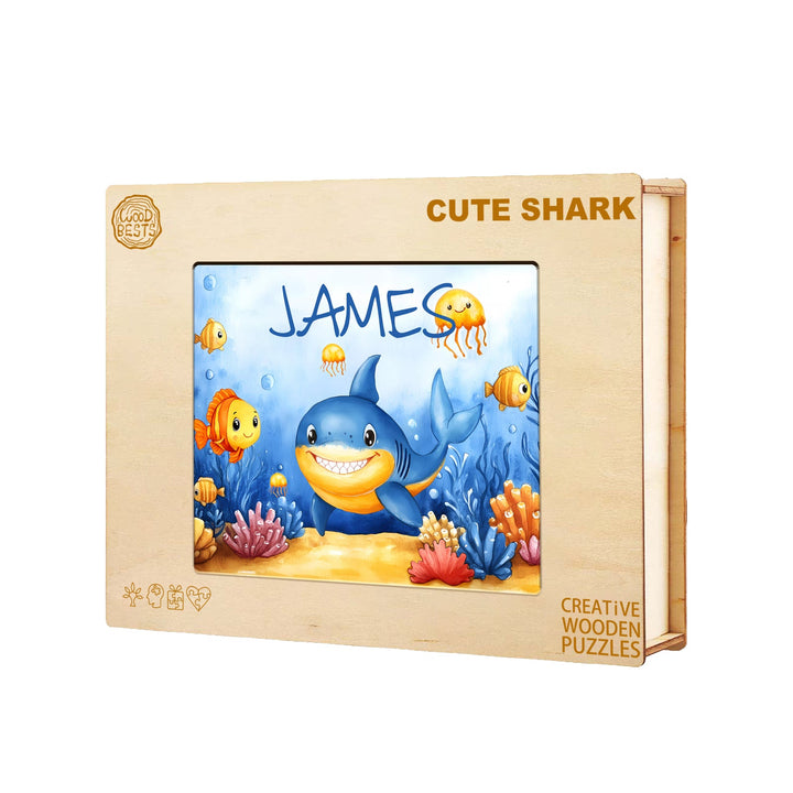 Ocean Friends custom name wooden jigsaw puzzle featuring a friendly shark and colorful sea creatures, personalized for kids.