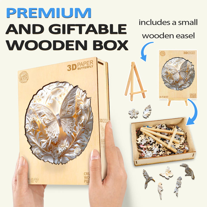 3D Paper Butterfly Wooden Jigsaw Puzzle in premium gift box with included wooden easel and puzzle pieces.