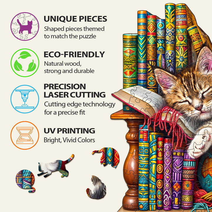 Dreamy Cat-Li Wooden Jigsaw Puzzle features unique pieces, eco-friendly materials, precision laser cutting, and UV printing.
