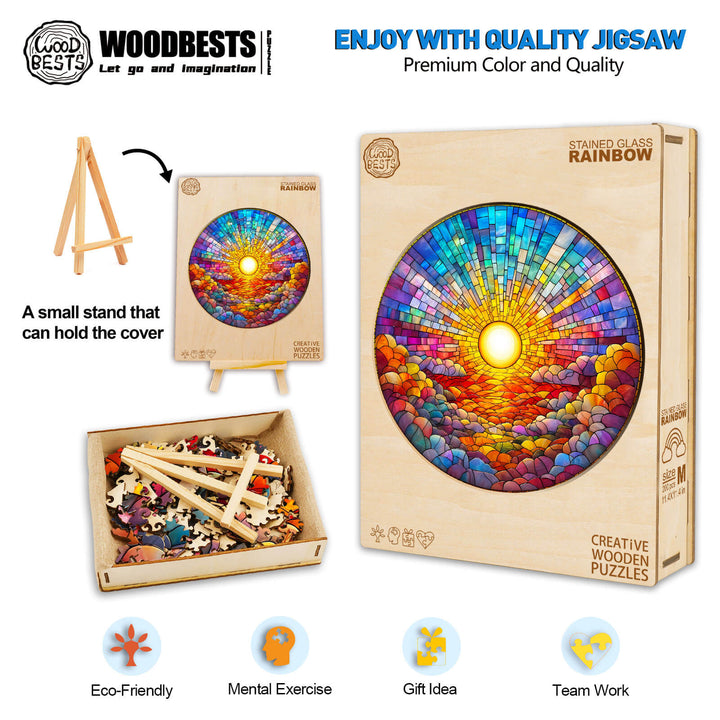 Stained Glass Rainbow Wooden Jigsaw Puzzle displayed with pieces, featuring vibrant colors for mental exercise and team fun.
