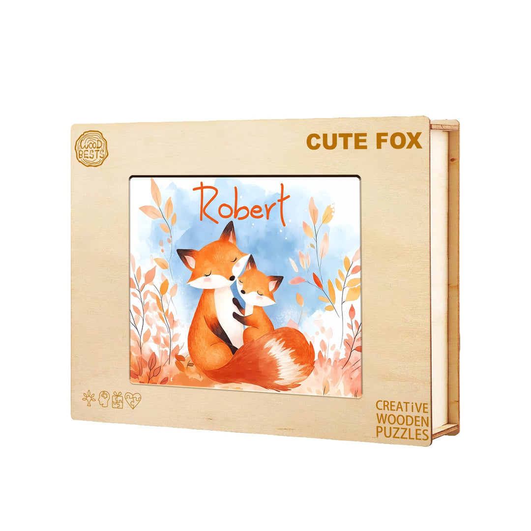 Fox Family custom wooden jigsaw puzzle with child’s name Robert, featuring a mother and cub in autumn colors.