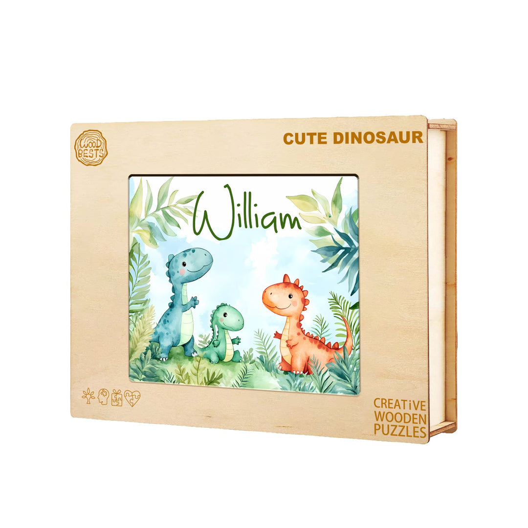 Custom wooden jigsaw puzzle for kids featuring dinosaurs and the name William, enhancing creativity and problem-solving.