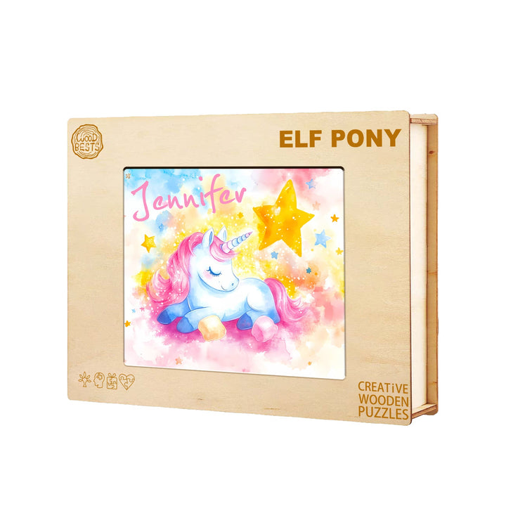 Custom wooden puzzle box featuring a sleeping unicorn design, personalized with the name 'Jennifer'.