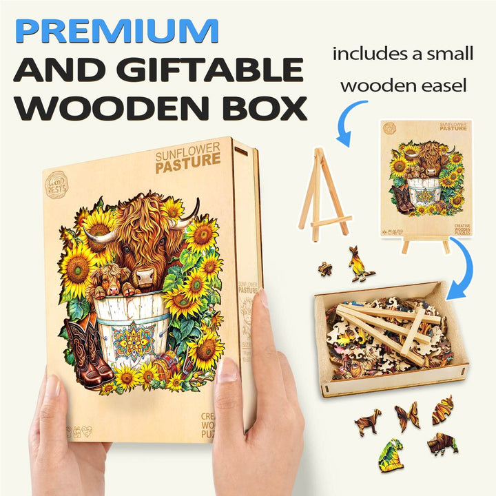 Sunflower Pasture wooden jigsaw puzzle in premium gift box with small easel and colorful pieces for mental focus.